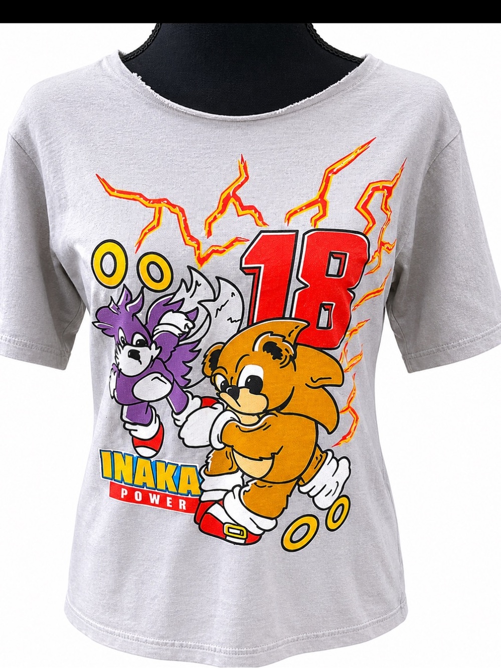 INAKA Power 18 Gray Cartoon Graphic Tee Raw Cut Neckline O/S